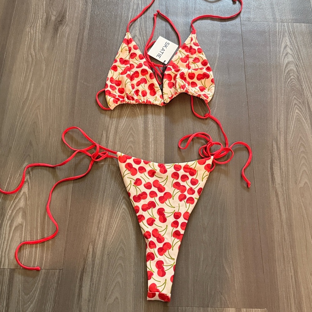 Skatie Cream Bikini with Red Cherry Print and Green Stems